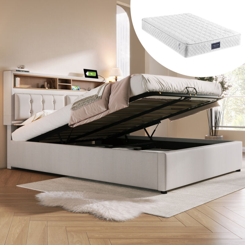 Lit coffre, lit adulte Rembourré Avec Prise usb et Tête de Lit - lit double 140x200 cm, lin, beige, matelas inclus