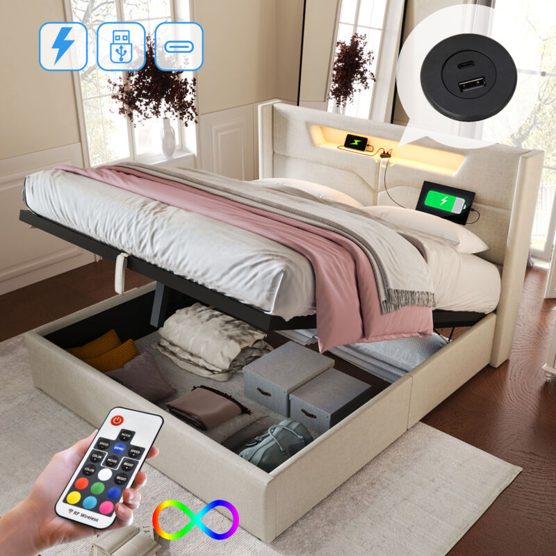 Lit Coffre Rembourré Double, Lin, chargement usb Type c et éclairage led, (160 x 200 cm, Beige, Sans Matelas)