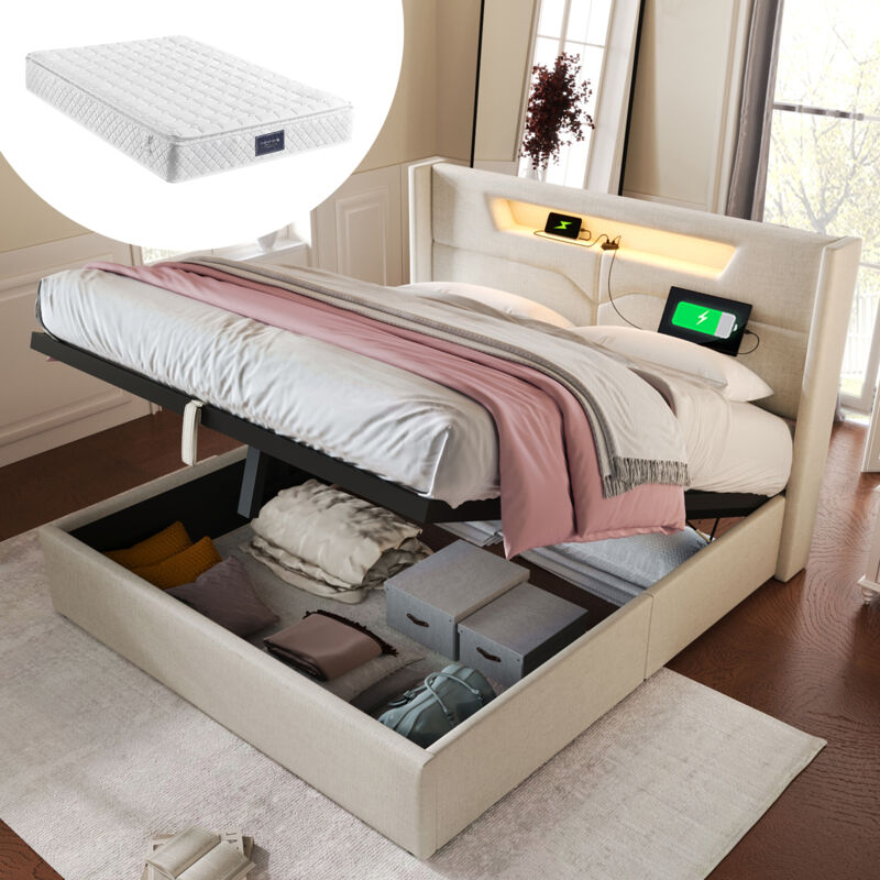 Lit Coffre Rembourré Double, Lin, chargement usb Type c et éclairage led, (160 x 200 cm, Beige, Matelas Inclus)