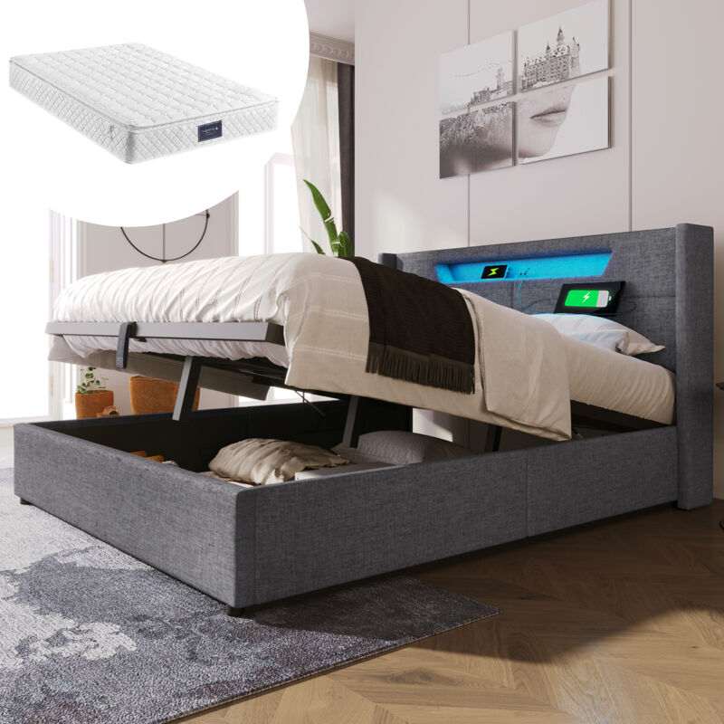 Lit Coffre Rembourré Double, Lin, chargement usb Type c et éclairage led, (160 x 200 cm, gris, Matelas Inclus)
