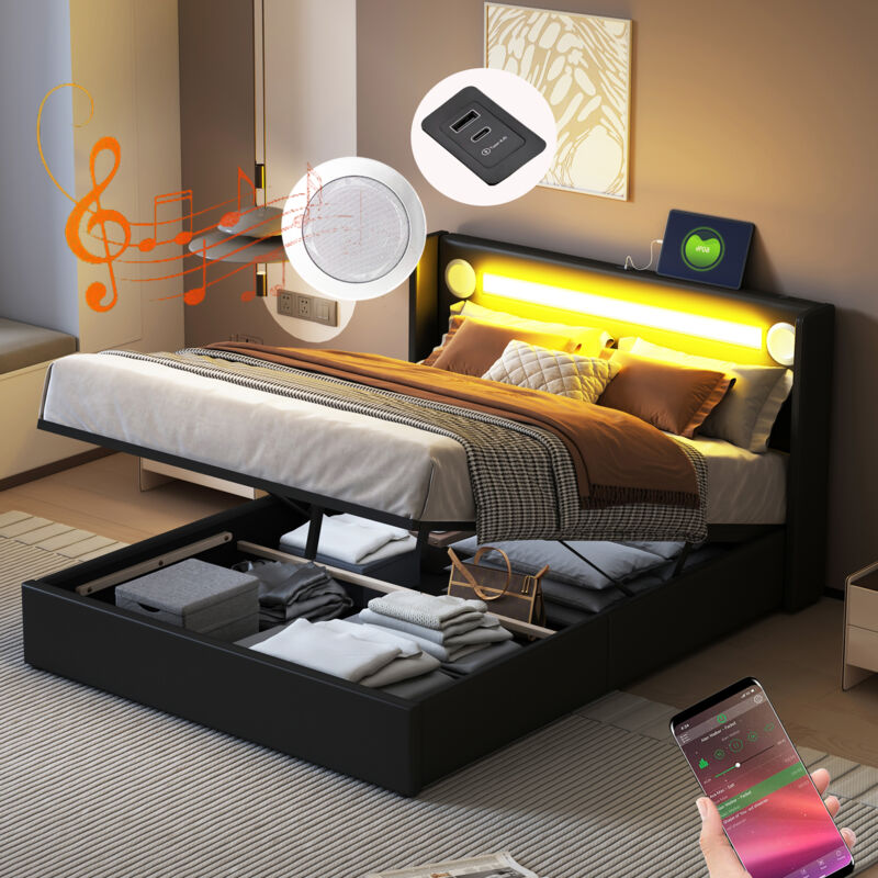 Lit coffre rembourré en similicuir 160x200cm avec led, lecteur Bluetooth et Ports de charge usb - avec sommier à lattes - Noir