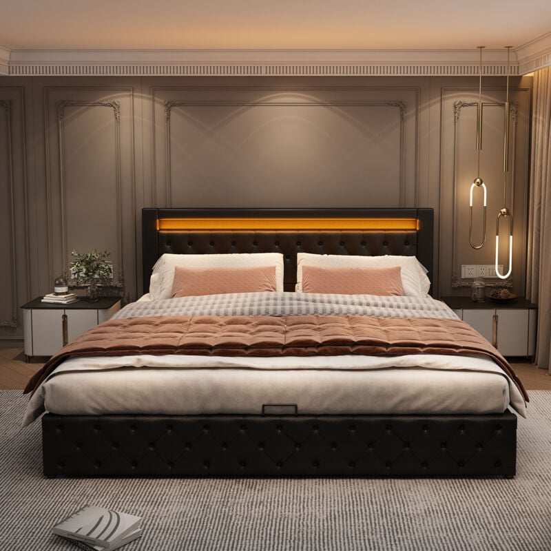 Modernluxe - Lit coffre rembourré en similicuir avec led - 180x200cm - avec sommier à lattes - Noir
