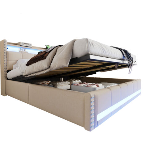 Lit coffre rembourré en tissu lin beige 180x200 cm avec LED et prise USB, tête de lit avec étagères, sommier à lattes