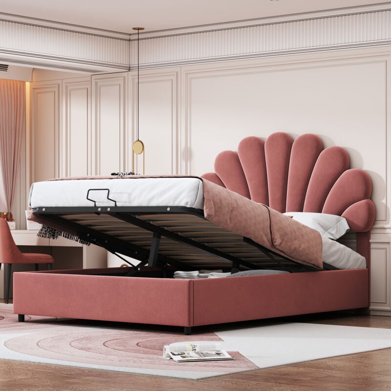 Modernluxe - Lit coffre rembourré en velours - 140x200cm - tête de lit en forme de fleur - avec sommier à lattes - Rouge