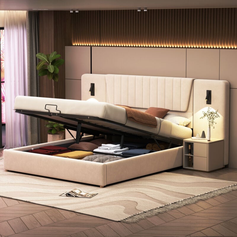 Lit coffre rembourré en velours - 180x200cm - avec liseuses & port de charge - Beige