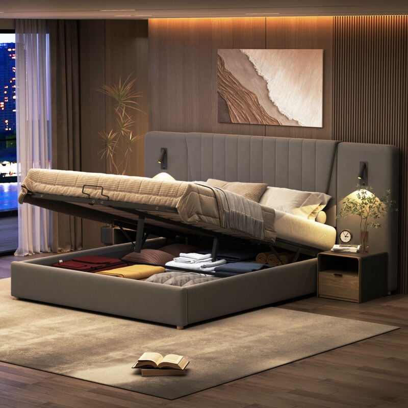 Modernluxe - Lit coffre rembourré en velours - 180x200cm - avec liseuses & port de charge - Gris