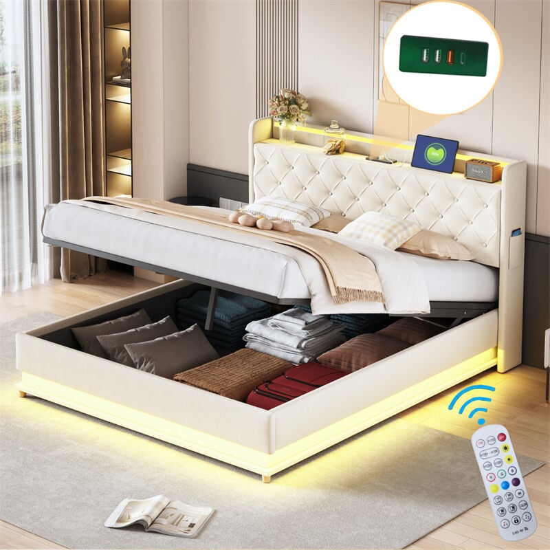 Lit coffre rembourré led, avec sommier à lattes et tête de lit avec fonction chargement usb, tissu en lin, beige 160x200cm