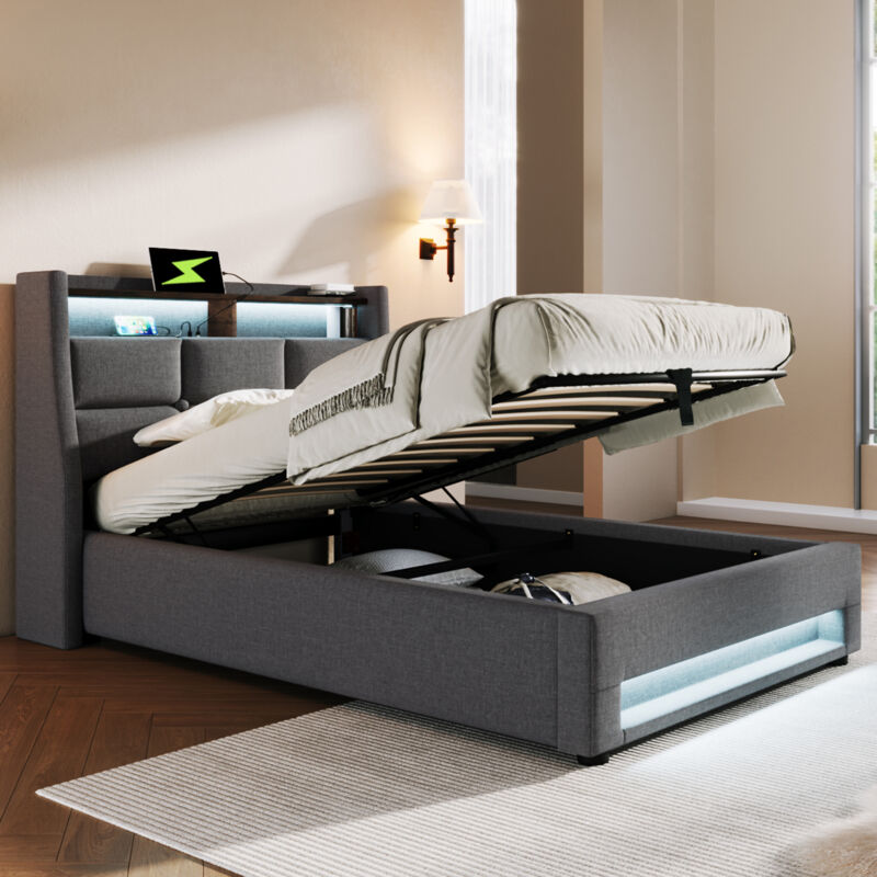 Lit coffre capitonné simple Lit ados 90 x 200 cm avec usb et led, sommier en métal, cadre en lin, gris, sans matelas