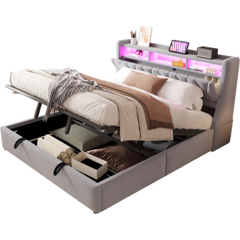 Lit coffre rembourré velours gris clair 180x200 cm avec LED, ports USB/Type-C, tête de lit rabattable et sommier à lattes
