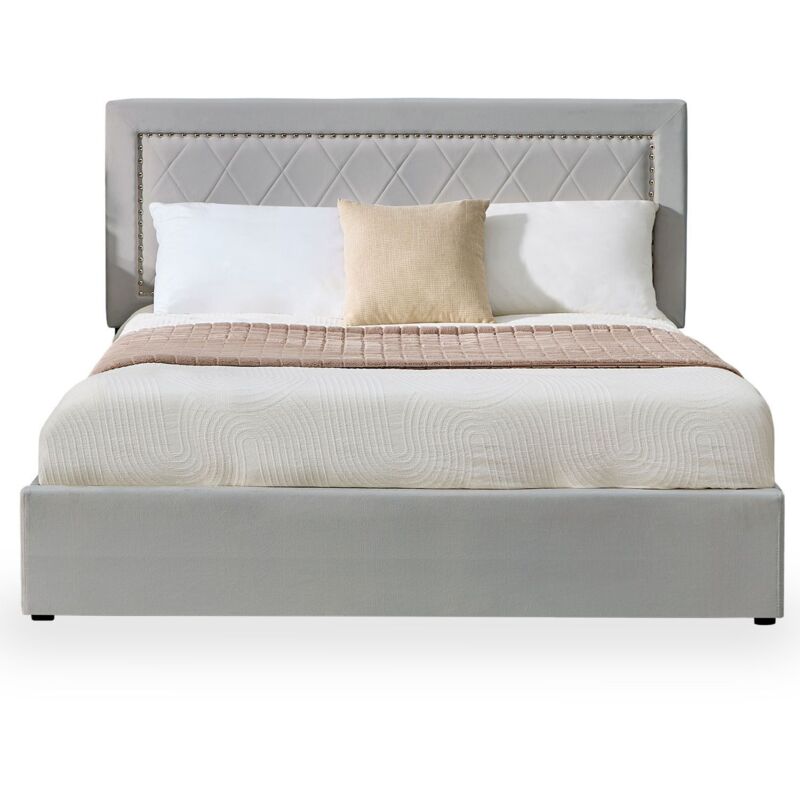 Lit coffre Sandiego avec sommier relevable 160x200cm et tête de lit cloutée Velours Gris clair