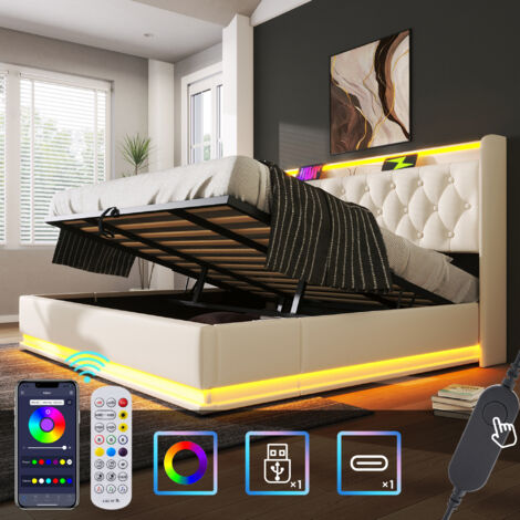 Lit coffre, sans matelas, lit double LED, USB, Type-C, blanc, 180x200cm, simili cuir