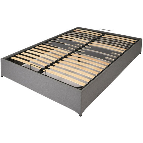 Lit coffre Savio - 140x190 - Tissu déco gris clair - 36 lattes bois - Gain de place