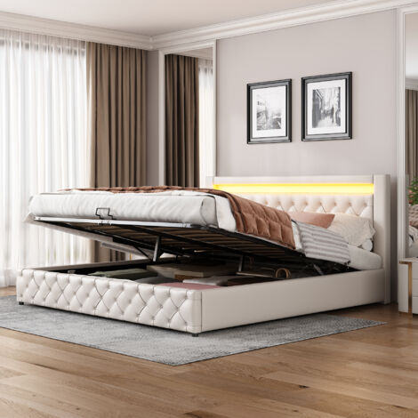 Lit coffre, simili cuir, lit adulte, sans matelas, lit double avec LED, sommier à lattes, blanc, 180x200cm
