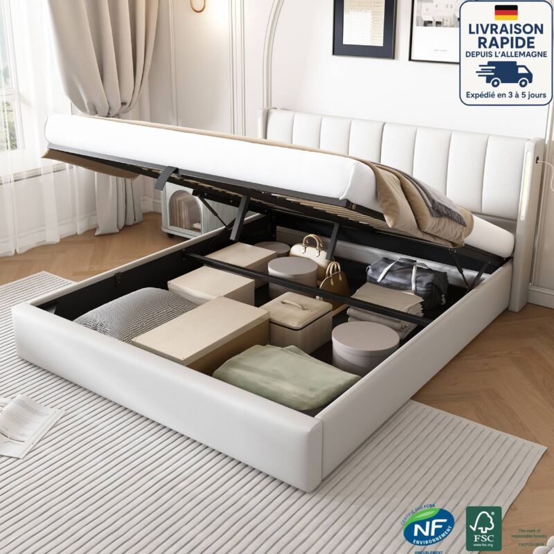 Lit coffre, simili cuir, lit double led, tête de lit réglable en hauteur, usb, sans matelas, lit adulte, blanc, 160x200cm
