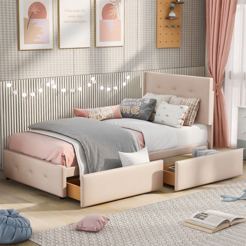 Lit simple avec tiroirs 90x200 cm, avec sommier à lattes, tête de lit réglable, lit rembourré en velours, avec deux tiroirs, adapté aux adolescents,