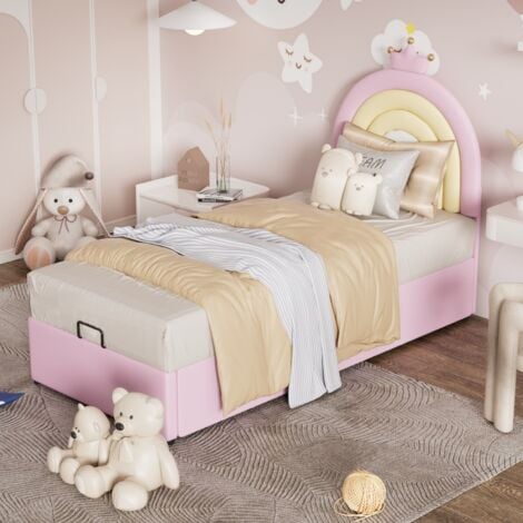 SUREH Lit coffre simple 90x200cm Lit enfant lit capitonné - Tête de lit réglable en hauteur avec moulure couronnée, lit pour adolescents hydraulique avec cadre à lattes, cuir PU, lit princesse - Rose