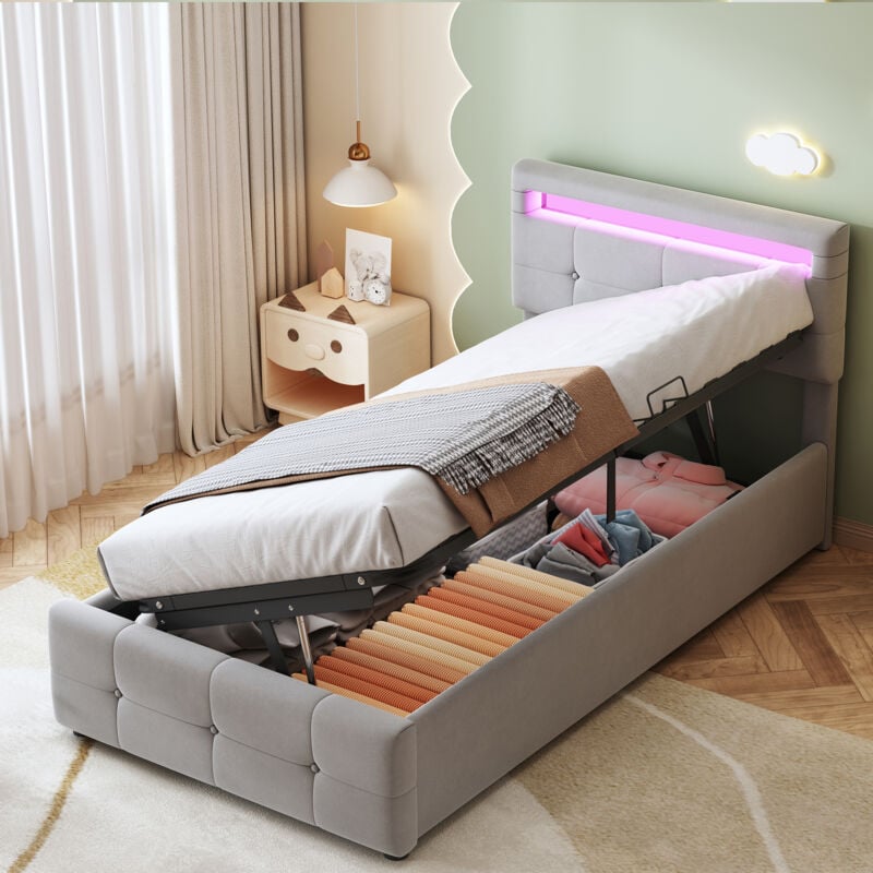 Hauss Spole - Lit coffre simple hydraulique, lit enfant 90x200 cm, led, tête de lit réglable en hauteur, lit adulte, velours, gris