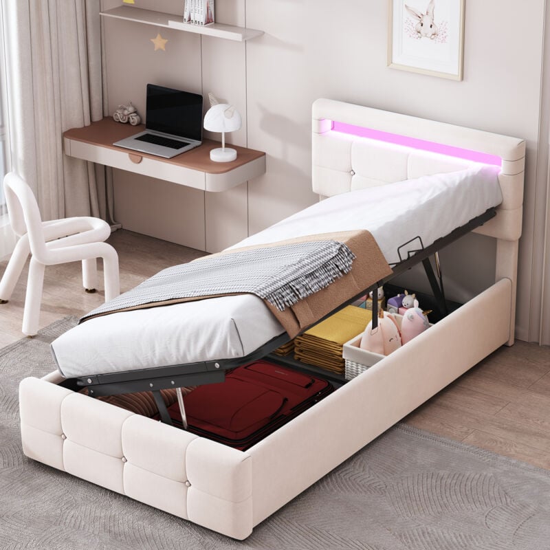 Hauss Spole - Lit coffre simple hydraulique, lit enfant 90x200 cm, led, tête de lit réglable en hauteur, lit adulte, velours, beige
