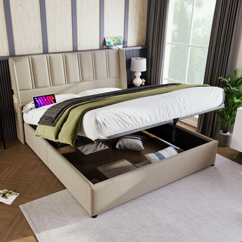 Lit coffre double rembourré hydraulique 140 x 200 cm avec ports de charge USB/Type-C poche latérale, sommier à lattes, lin, beige, sans matelas