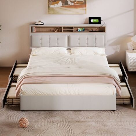 Lit coffre - SINGULARITY - 042324AAB - 160x200 cm - 4 tiroirs - Tête réglable + USB‑C - Beige