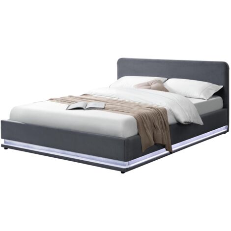 Lit coffre + sommier avec LED en velours gris NEW YORK