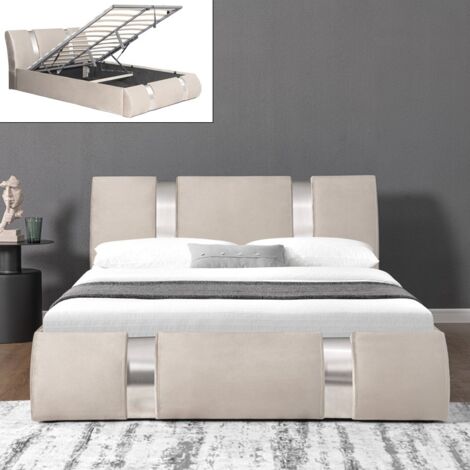 Lit coffre sommier relevable en velours taupe 140x190 – Structure moderne avec rangement – Dimensions 223x153x87 cm – 24 lattes en peuplier – Meubler Design