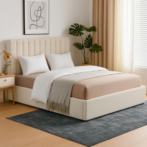 Lit Coffre Songe + Sommier Tissu bouclette Beige 160cm