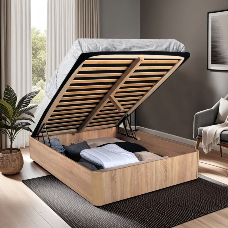 Lit coffre spiro 140x190cm + 1 sommier / Décor Chêne Blanchi/