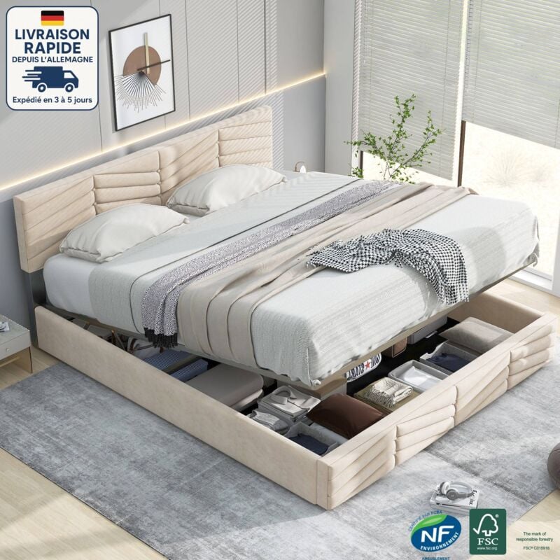 Modfu - Lit coffre, tête de lit réglable en hauteur, lit adulte, velours, sans matelas, lit double, beige, 140x200cm