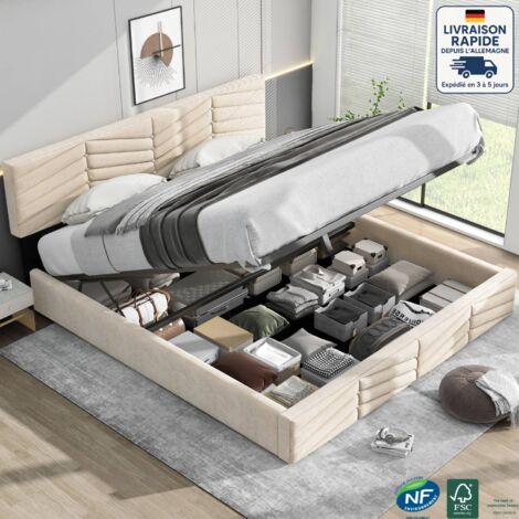 Lit coffre, tête de lit réglable en hauteur, lit adulte, velours, sans matelas, lit double, beige, 180x200cm