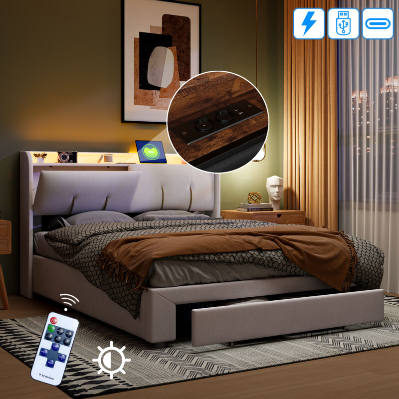Lit coffre tiroir 140x200, lit adulte avec led Réglable, lit double capitonné avec 1 tiroir,sommier à lattes,tête de lit avec rangement,port de