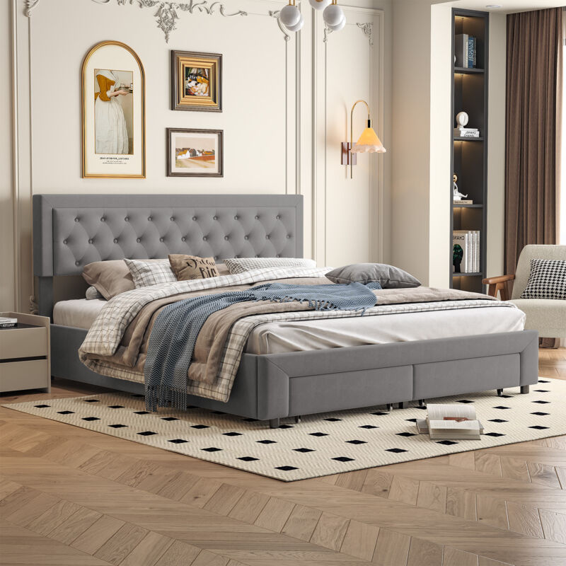 Sureh - Lit coffre tiroir 160x200, lit coffre avec sommier à lattes, lit adulte 160x200, lit double capitonné avec 2 tiroirs, velours, Gris