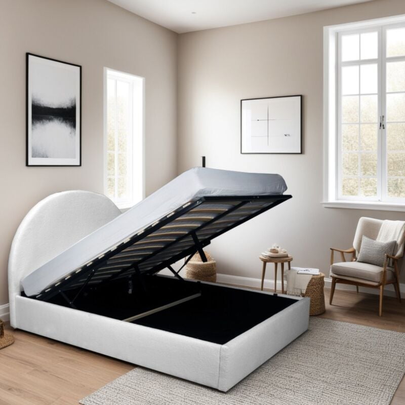 Lit coffre tissu bouclette 160x200 sherpa + sommier / Blanc/ 219x169x123