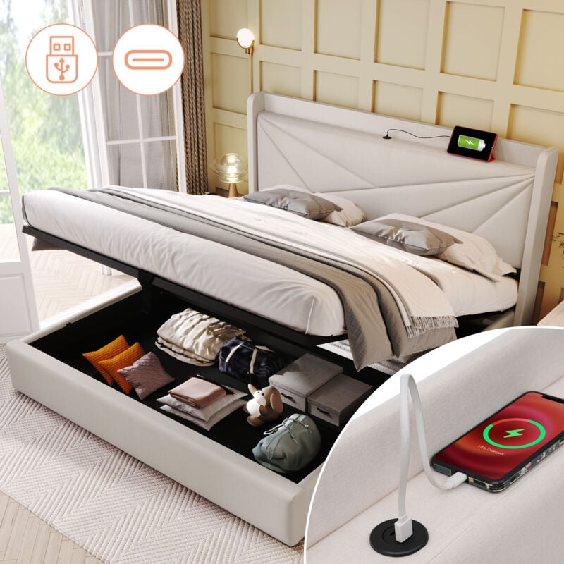 Modernluxe - Lit coffre tissu en lin - avec port de charge usb - 160x200 cm - Beige
