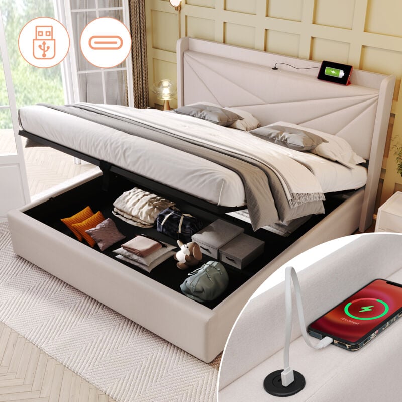 Modernluxe - Lit coffre tissu en lin - avec port de charge usb - 140x200 cm - Beige