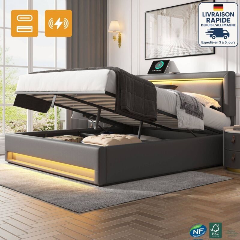 Lit coffre, tissu simili cuir, lit double pour adultes, usb, led, sans matelas, 140x190cm, gris