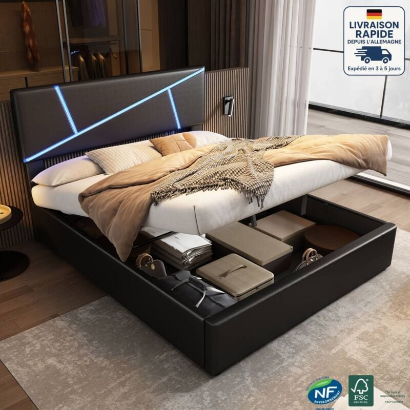 Lit coffre, tissu simili cuir noir, lit double pour adultes, sommier à lattes, hydraulique, sans matelas, 90x200cm