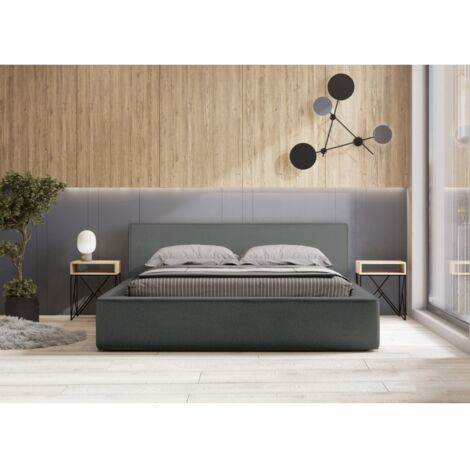 Lit coffre VELORA – Ardoise bouclé – 140x200 cm – Tissu velours doux – Sommier relevable – Rangement intégré