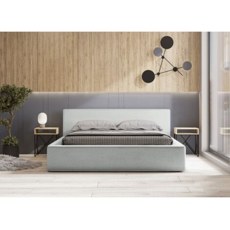 Lit coffre VELORA – Blanc bouclé – 140x200 cm – Tissu effet laine – Sommier relevable – Rangement intégré