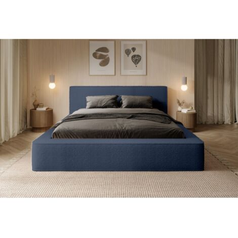Lit coffre VELORA – Bleu acier bouclé – 160x200 cm – Tissu velours doux – Sommier relevable – Rangement intégré