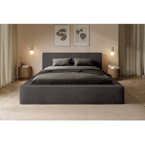 Lit coffre VELORA – Gris anthracite – 160x200 cm – Tissu velours doux – Sommier relevable – Rangement intégré