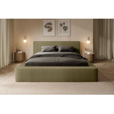 Lit coffre VELORA – Olive bouclé – 140x200 cm – Tissu velours doux – Sommier relevable – Rangement intégré