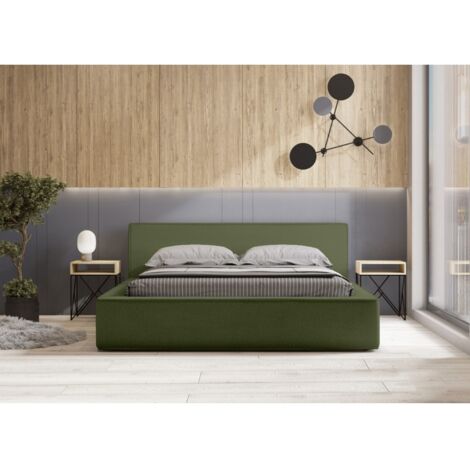 Lit coffre VELORA – Olive bouclé – 140x200 cm – Tissu velours doux – Sommier relevable – Rangement intégré