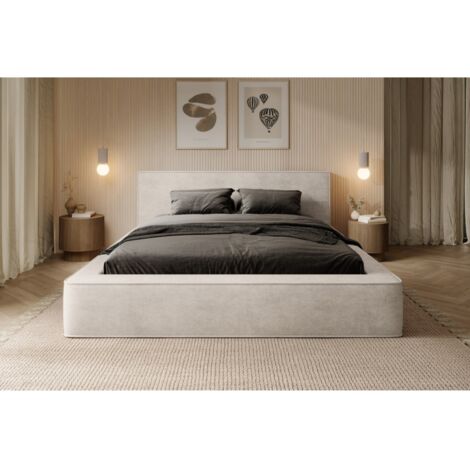 Lit coffre VELORA – Perle – 180x200 cm – Tissu velours doux – Sommier relevable – Rangement intégré