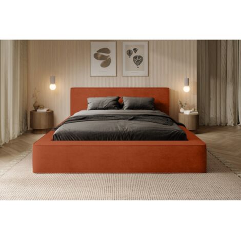 Lit coffre VELORA – Terracotta – 140x200 cm – Tissu velours doux – Sommier relevable – Rangement intégré