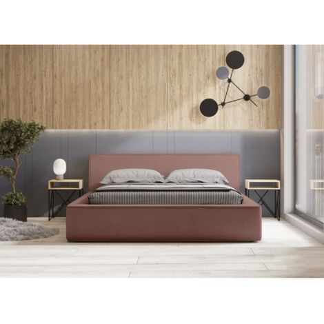 Lit coffre VELORA – Terre-cuite bouclé – 160x200 cm – Tissu velours doux – Sommier relevable – Rangement intégré