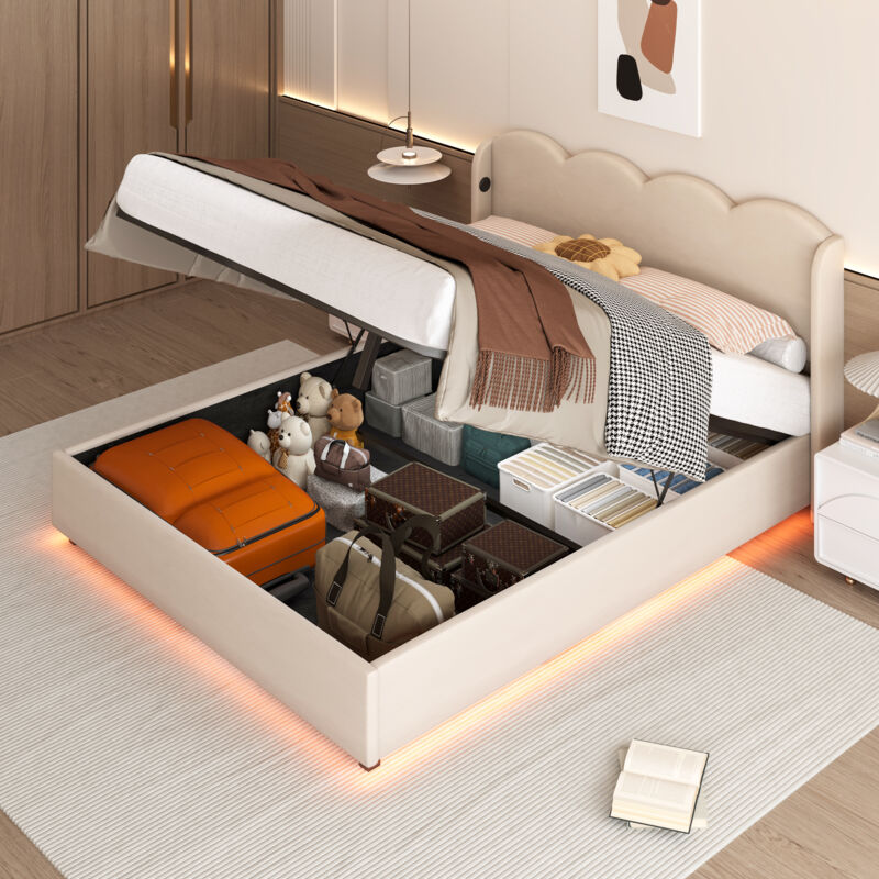 Lit coffre, velours, lit adulte, lit double avec led et usb, sans matelas, beige, 140x200cm