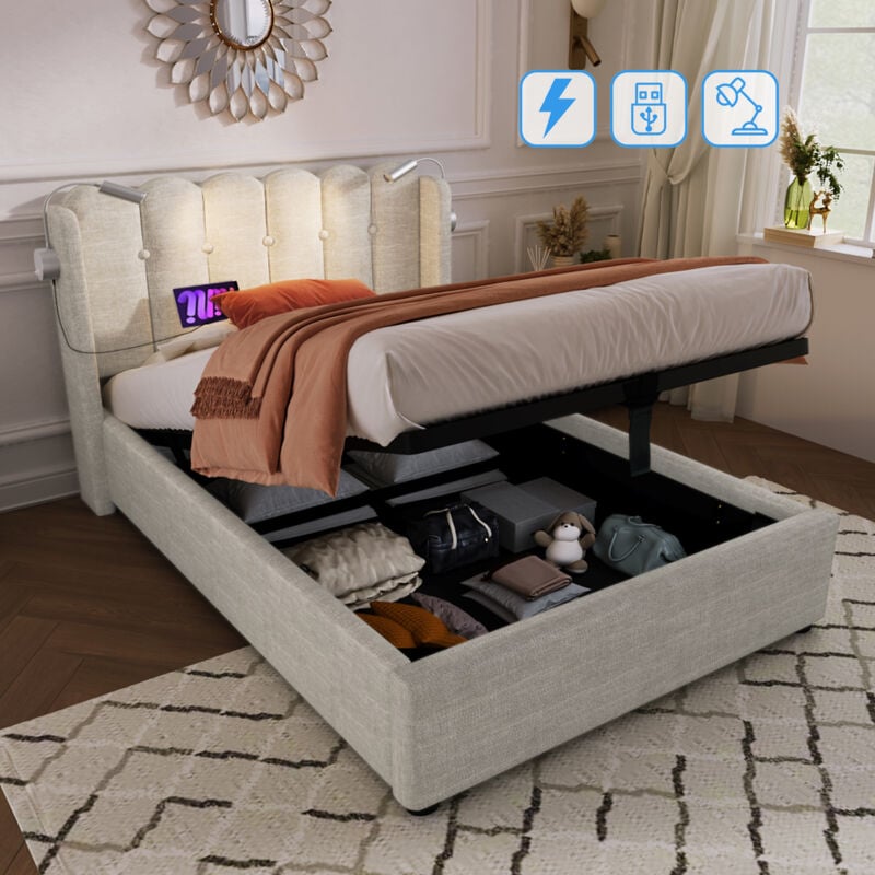 Lit coffre 90x200cm, velours, lit simple avec liseuse, lit adulte, sans matelas, coloris naturel