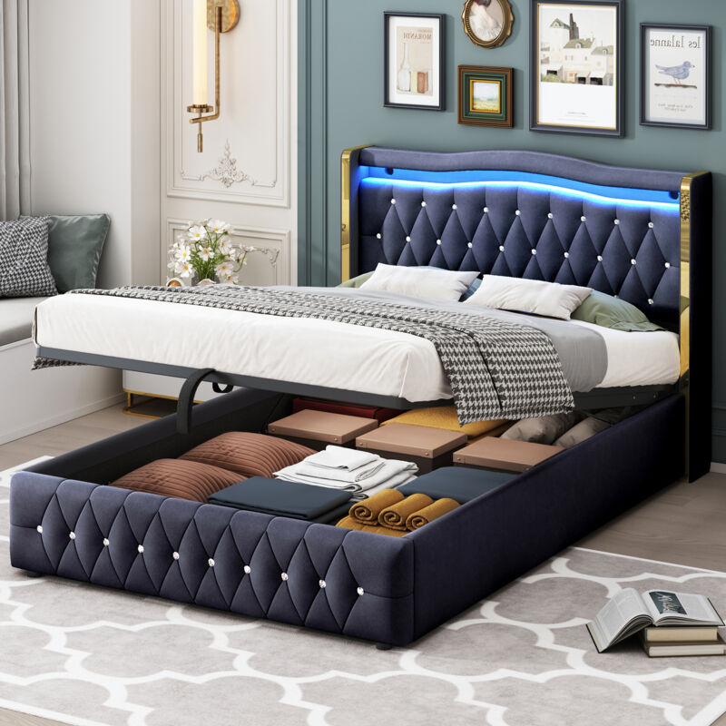 Lit coffre, velours, lit double, lit adulte avec led, sans matelas, 140x200cm, noir