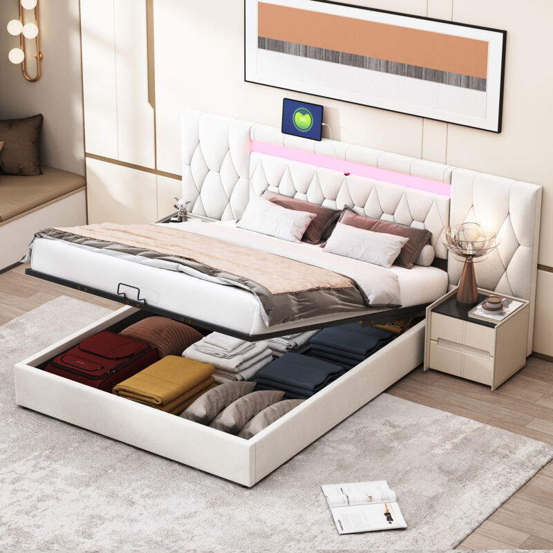 Lit coffre, velours, sans matelas, tête de lit allongée, lit adulte, led, usb, lit double, beige, 160x200cm